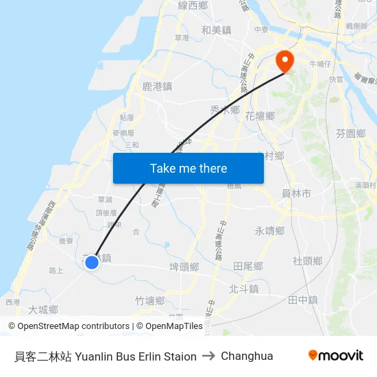 員客二林站 Yuanlin Bus Erlin Staion to Changhua map