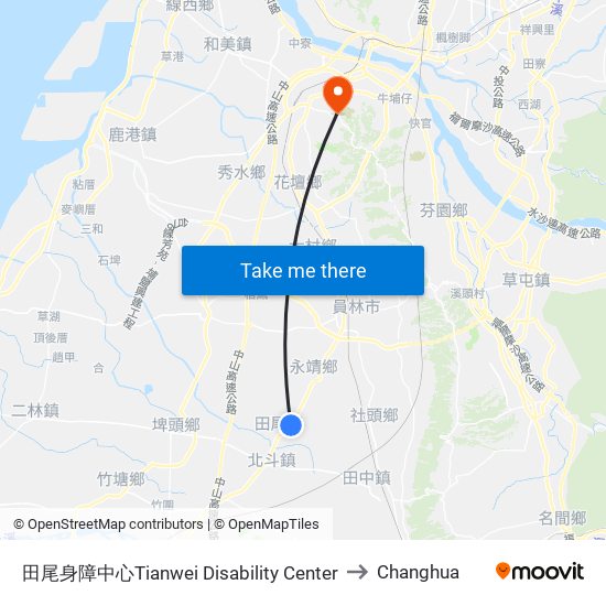 田尾身障中心Tianwei Disability Center to Changhua map