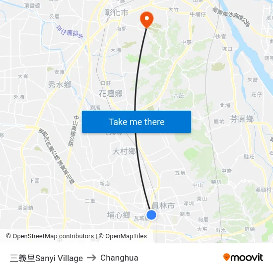 Sanyi Village to Changhua map