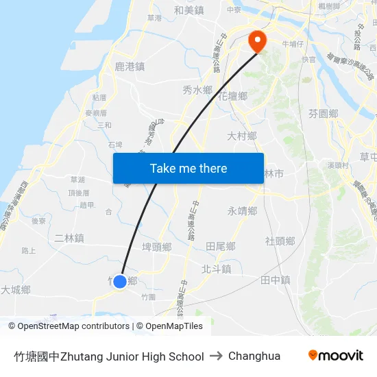 竹塘國中Zhutang Junior High School to Changhua map