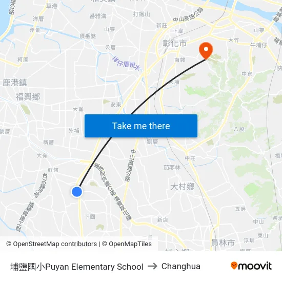Puyan Elementary School to Changhua map