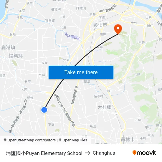 Puyan Elementary School to Changhua map