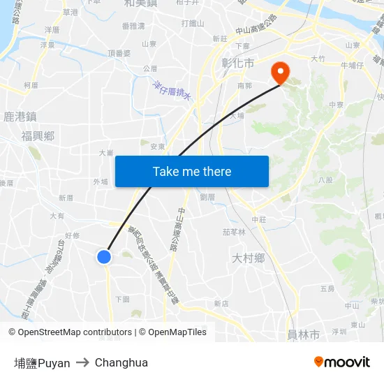 Puyan to Changhua map