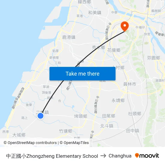 Zhongzheng Elementary School to Changhua map
