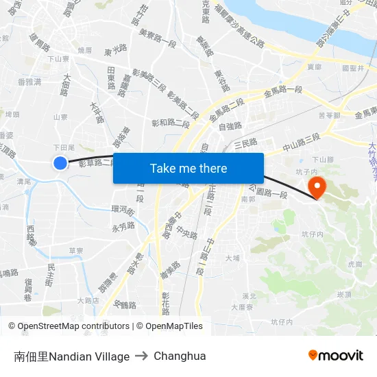 Nandian Village to Changhua map