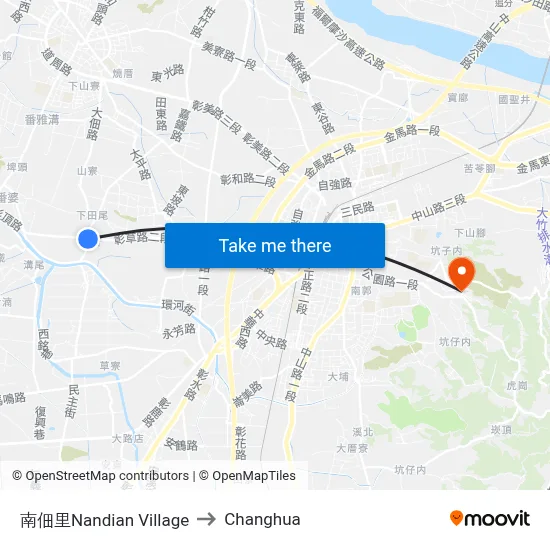 Nandian Village to Changhua map