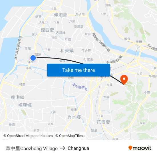 草中里Caozhong Village to Changhua map