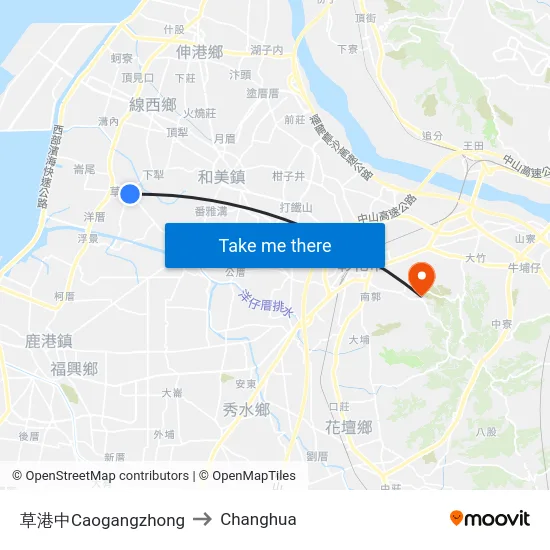 Caogangzhong to Changhua map