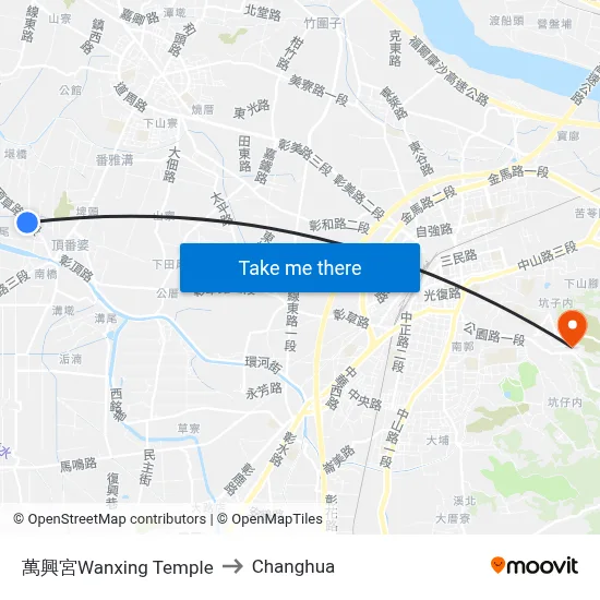 Wanxing Temple to Changhua map