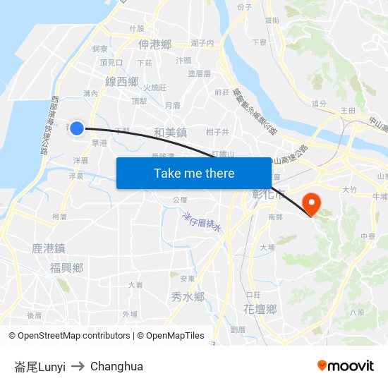 崙尾Lunyi to Changhua map