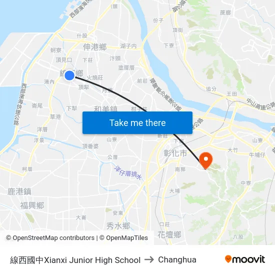 Xianxi Junior High School to Changhua map