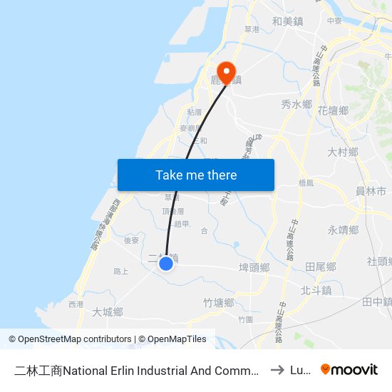 二林工商National Erlin Industrial  And Commercial Vocational High School to Lukang map