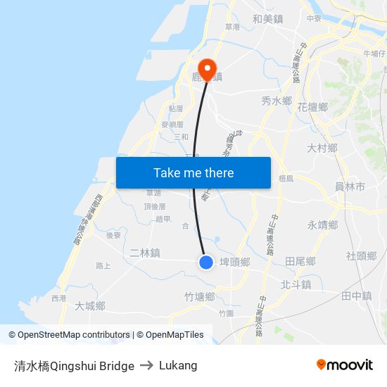 清水橋Qingshui Bridge to Lukang map