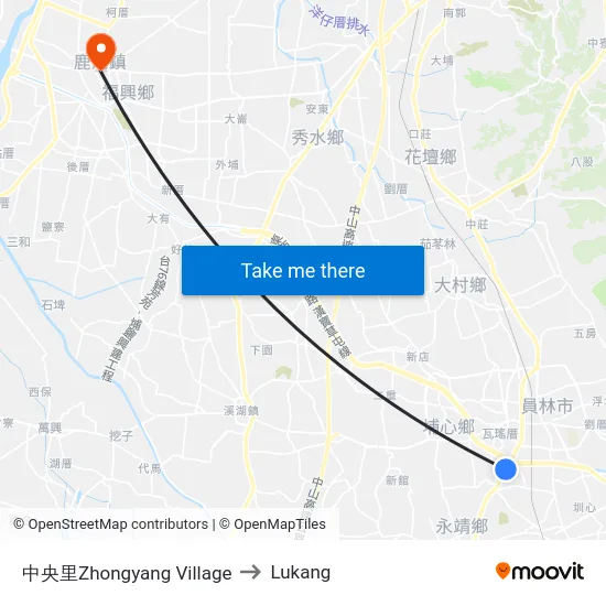Zhongyang Village to Lukang map