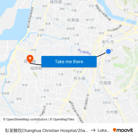 Changhua Christian Hospital to Lukang map
