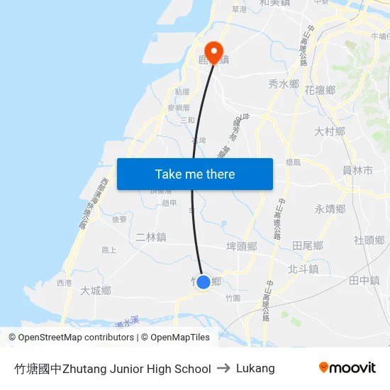 Zhutang Junior High School to Lukang map