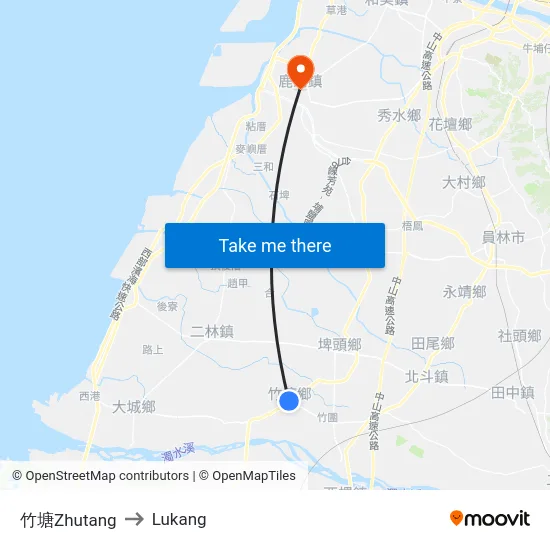 Zhutang to Lukang map