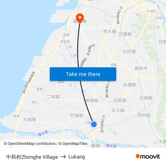 中和村Zhonghe Village to Lukang map