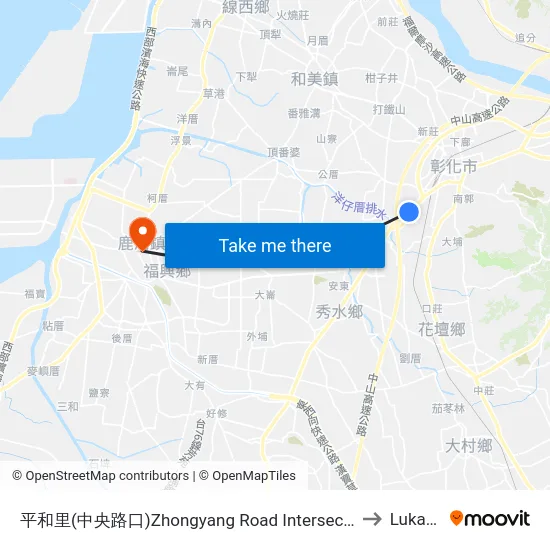 Zhongyang Road Intersection to Lukang map