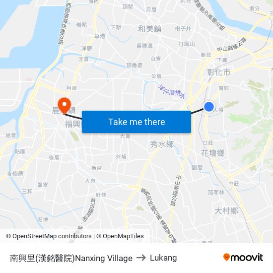 南興里(漢銘醫院)Nanxing Village to Lukang map