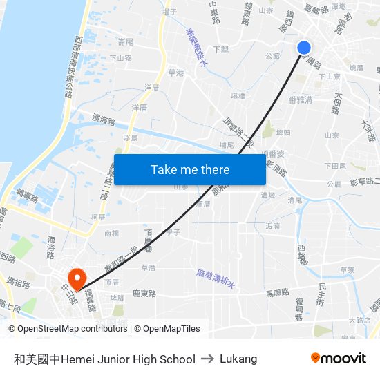 和美國中Hemei Junior High School to Lukang map