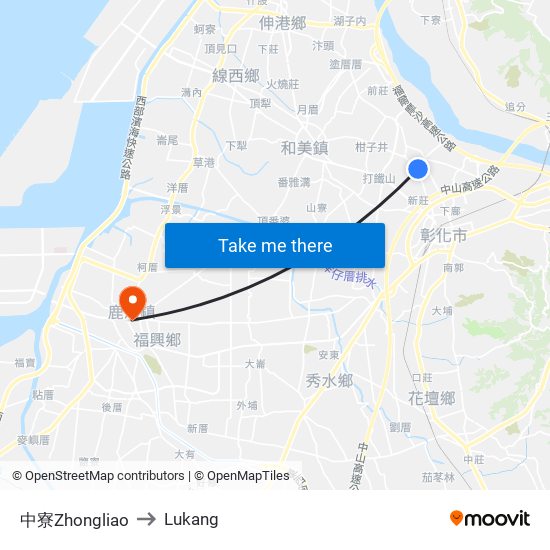 中寮Zhongliao to Lukang map