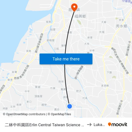 Erlin Central Taiwan Science Park to Lukang map
