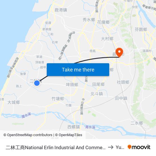 二林工商National Erlin Industrial  And Commercial Vocational High School to Yuanlin map