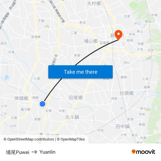 埔尾Puwei to Yuanlin map