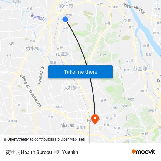 衛生局Health Bureau to Yuanlin map