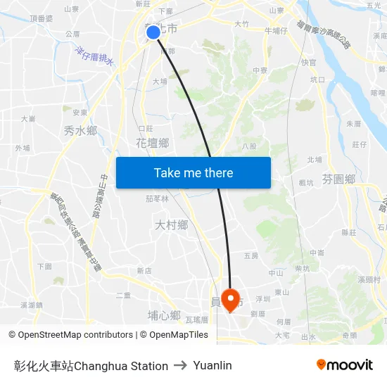 彰化火車站Changhua Station to Yuanlin map