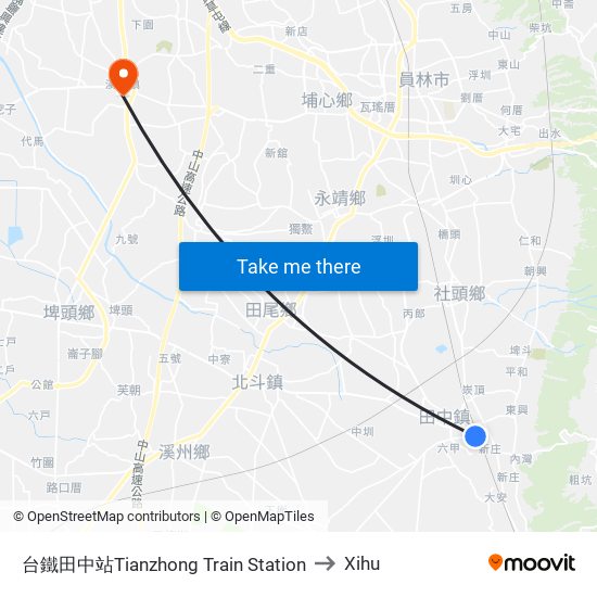 台鐵田中站Tianzhong Train Station to Xihu map
