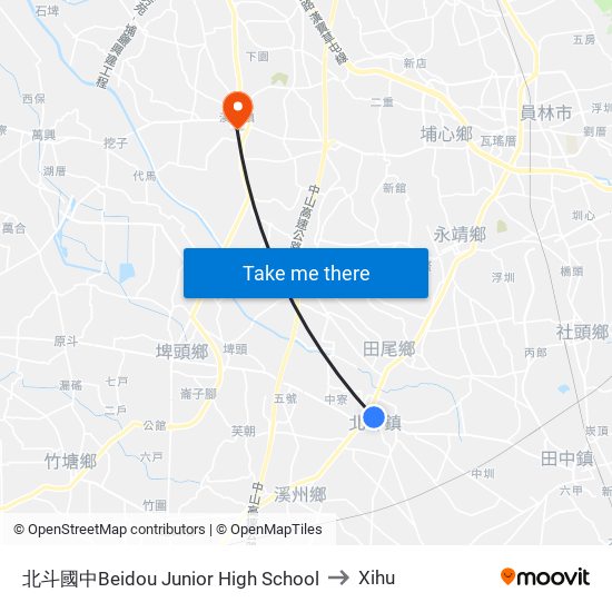 北斗國中Beidou Junior High School to Xihu map