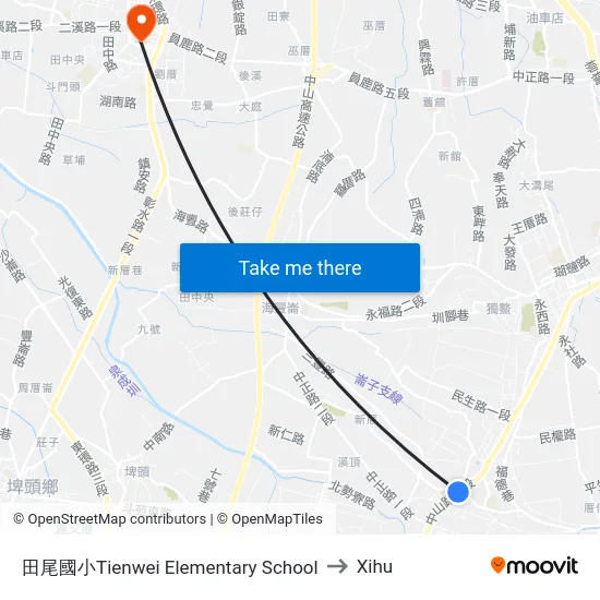 Tienwei Elementary School to Xihu map