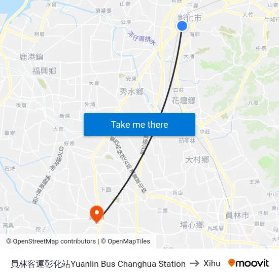 Yuanlin Bus Changhua Station to Xihu map