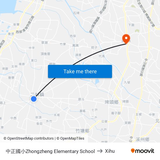 中正國小Zhongzheng Elementary School to Xihu map