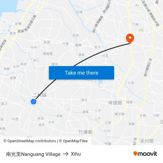 Nanguang Village to Xihu map