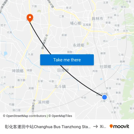 Changhua Bus Tianzhong Station to Xihu map