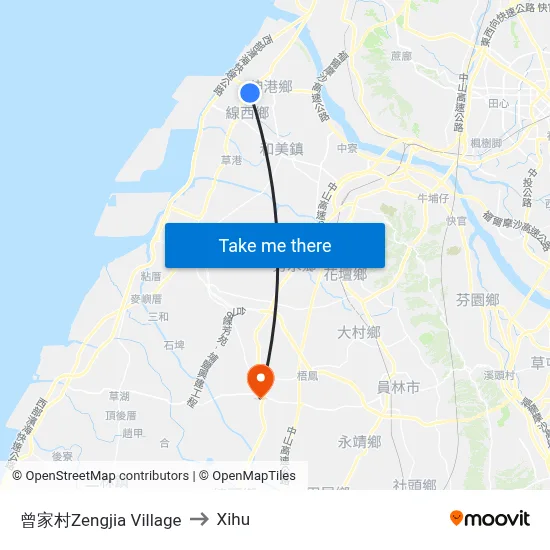 Zengjia Village to Xihu map