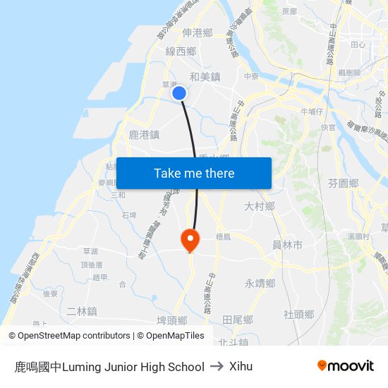 鹿鳴國中Luming Junior High School to Xihu map