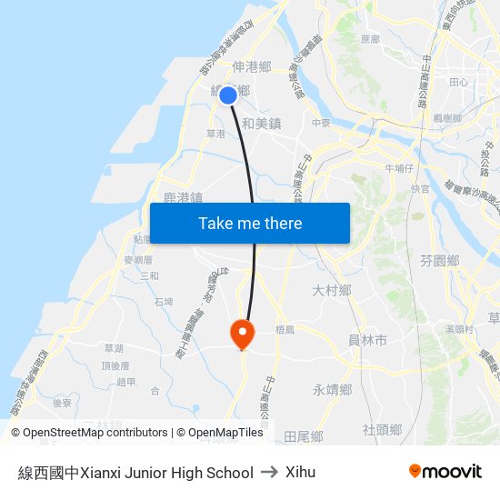 線西國中Xianxi Junior High School to Xihu map