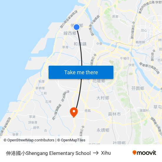 伸港國小Shengang Elementary School to Xihu map