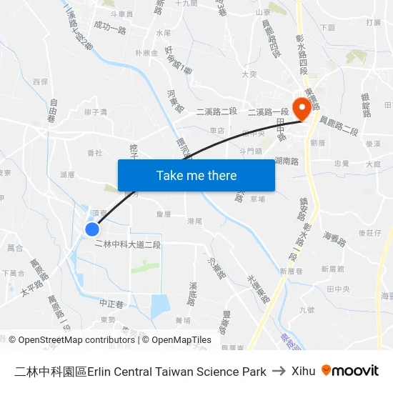Erlin Central Taiwan Science Park to Xihu map