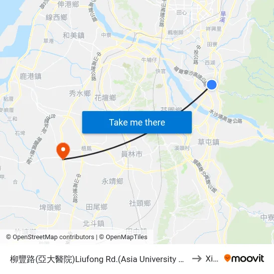 Liufeng Road (Asia University Hospital) to Xihu map