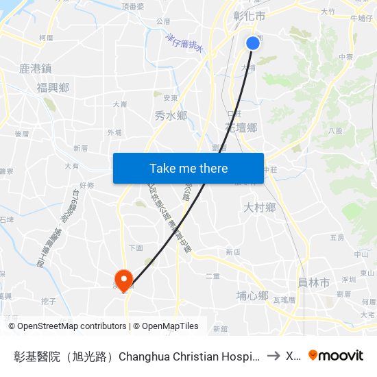 彰基醫院（旭光路）Changhua Christian Hospital（Xugang Rd.) to Xihu map