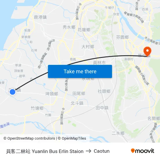 Yuanlin Bus Erlin Station to Caotun map