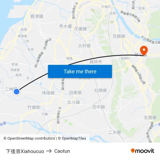Xiahoucuo to Caotun map