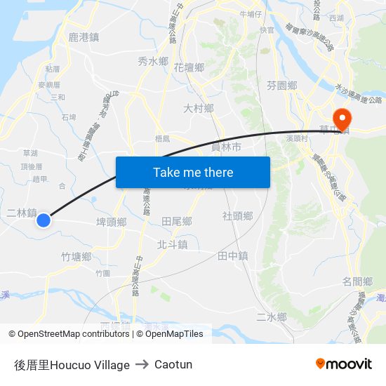 後厝里Houcuo Village to Caotun map