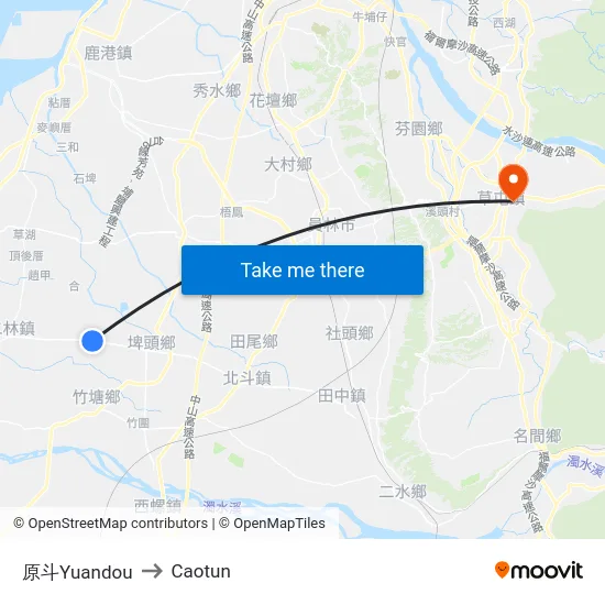 Yuandou to Caotun map