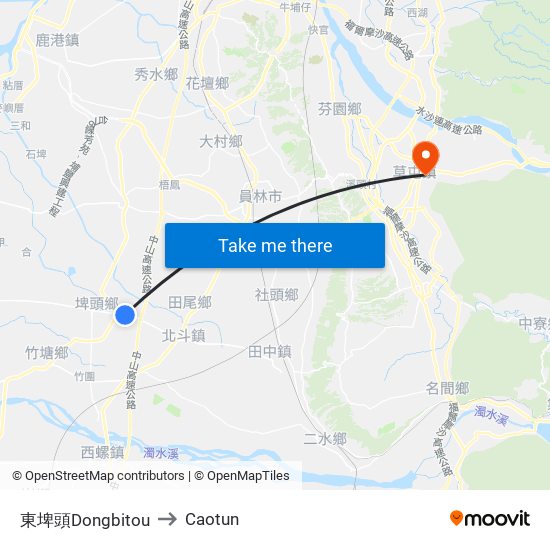 東埤頭Dongbitou to Caotun map